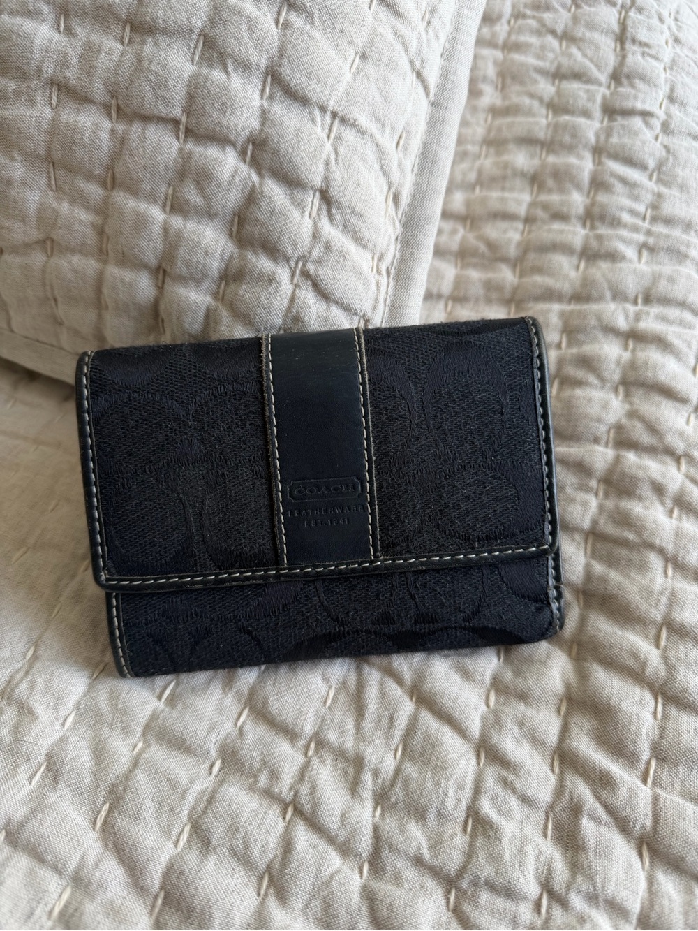 COACH Black Jacquard/Leather Signature C Trifold Wallet 4.25x5.25